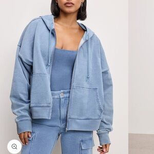 Good American Jeanius Zip Up Boxy Hoodie - Small - Indigo 376 - Denim Look